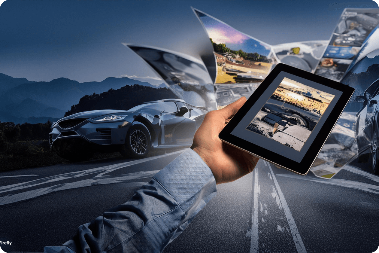 a hand holding a tablet with a picture of a sports car