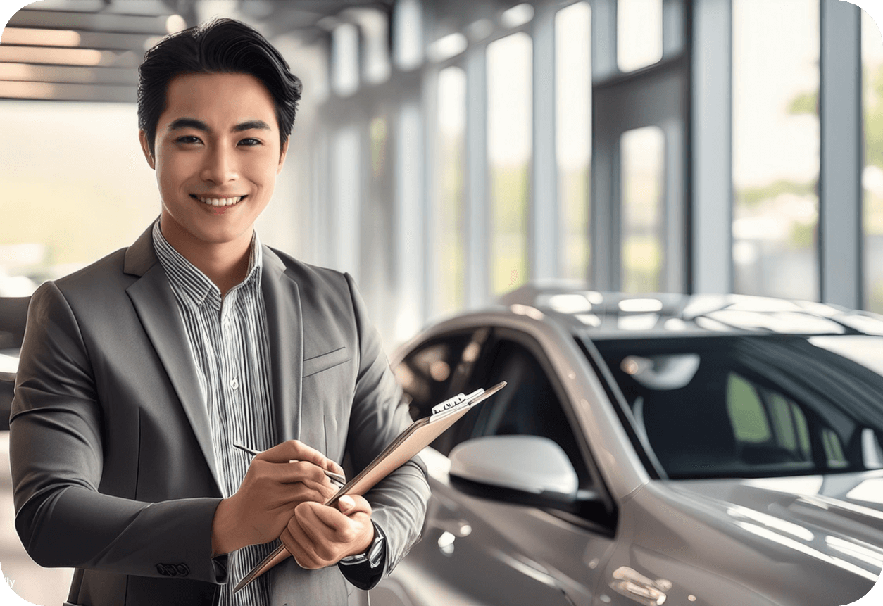 a man holding a clipboard and pen in front of a car
